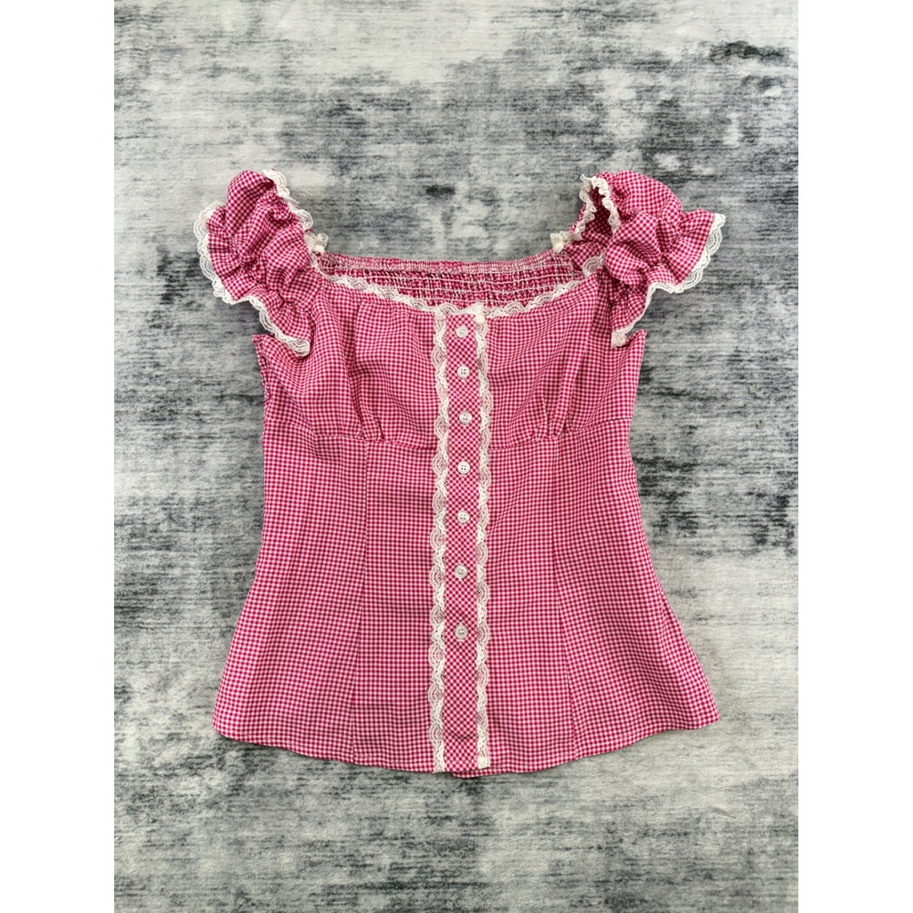 SHEIN Pink Gingham Milkmaid Top Lace Trim Smocked Back Ruffle Sleeve Small US 4